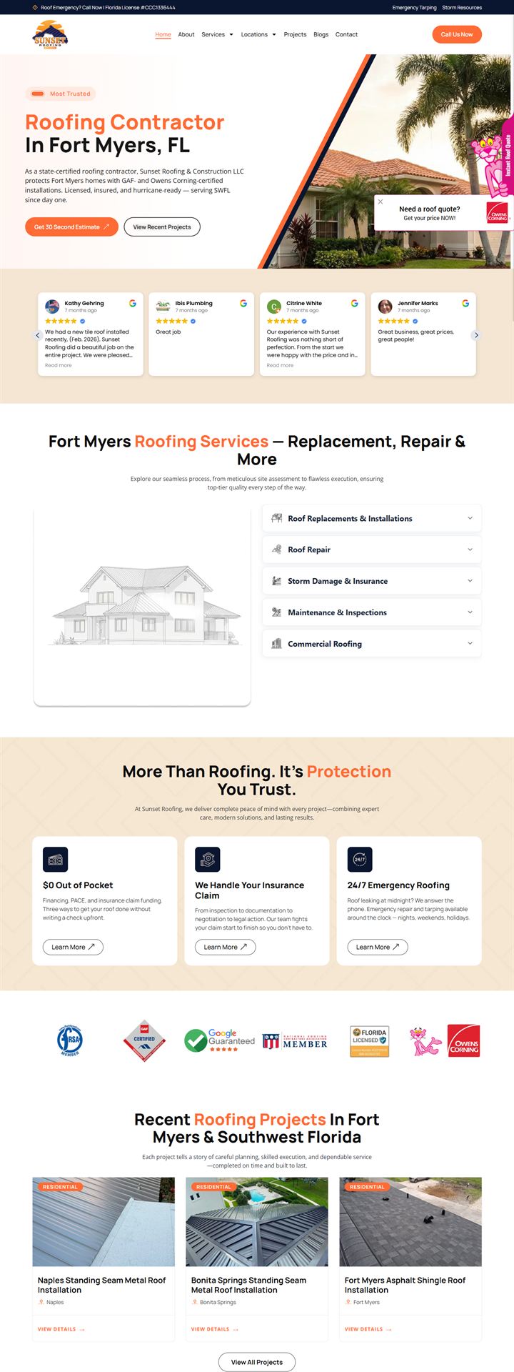 Sunset Roofing & Construction homepage design